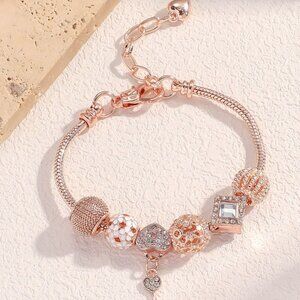 Elegant Rose Gold Pandora Style Charm Bracelet - Sparkly Heart & Key Accents